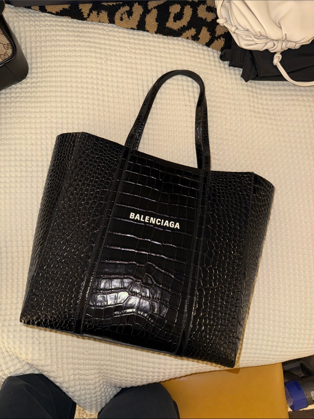 Balenciaga Black Croc-Embossed Tote with Logo